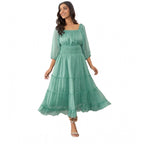 Women's Chiffon Solid Puff Sleeve Dress (Green)