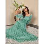 Women's Chiffon Solid Puff Sleeve Dress (Green)