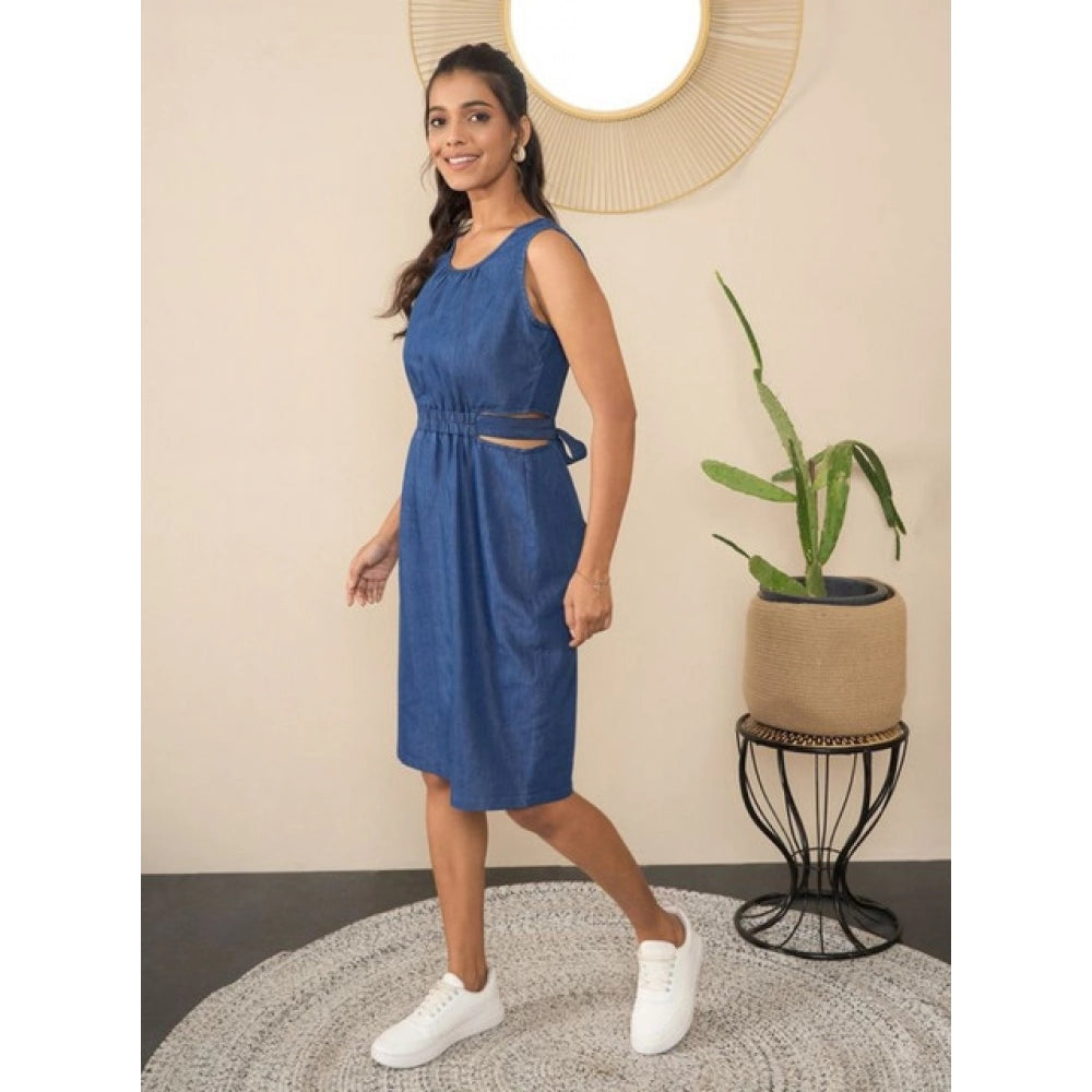 Women's Denim Solid Sleeveless Dress (Blue)