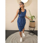 Women's Denim Solid Sleeveless Dress (Blue)