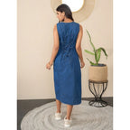 Women's Denim Solid Sleeveless Dress (Blue)