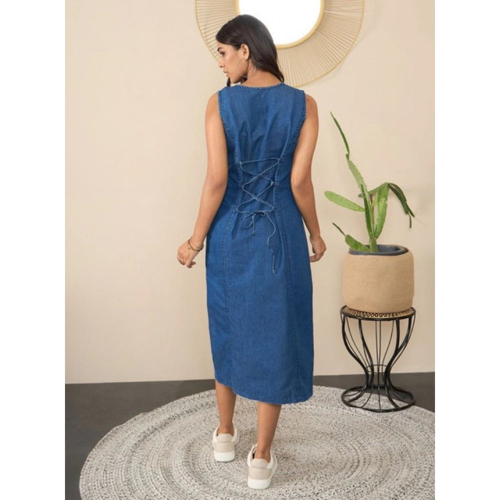 Women's Denim Solid Sleeveless Dress (Blue)