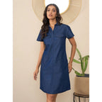 Women's Denim Solid Sleeveless Dress (Blue)
