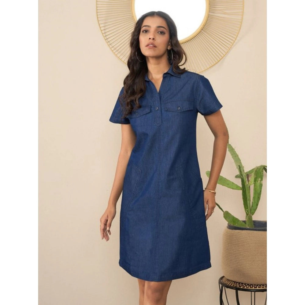Women's Denim Solid Sleeveless Dress (Blue)