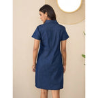 Women's Denim Solid Sleeveless Dress (Blue)
