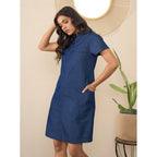 Women's Denim Solid Sleeveless Dress (Blue)