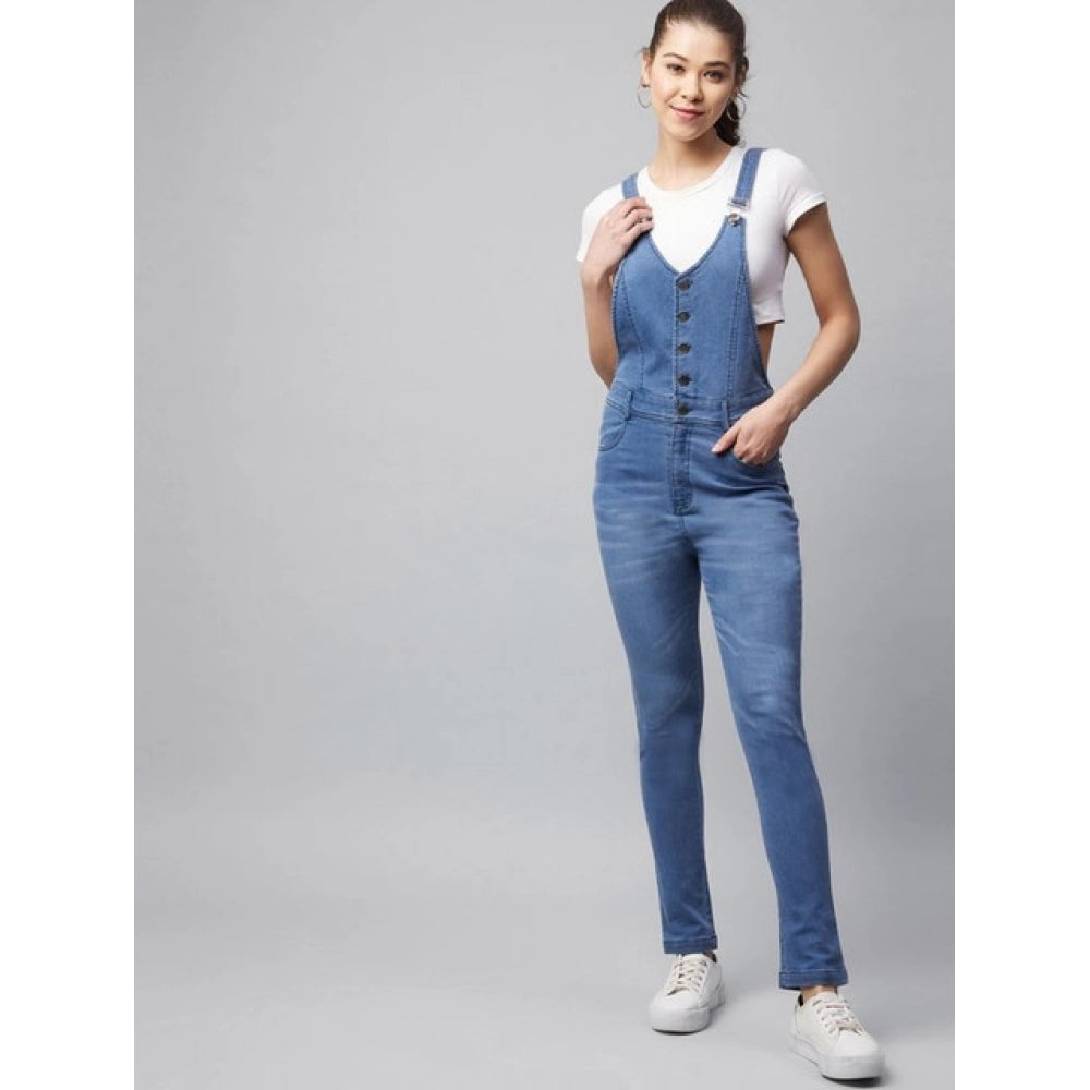Women's Denim Lycra Solid Buttoned Dungaree (Ice Blue)