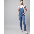 Women's Denim Lycra Solid Buttoned Dungaree (Ice Blue)