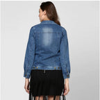 Women's Denim Washed Long Sleeves Jacket (Blue)