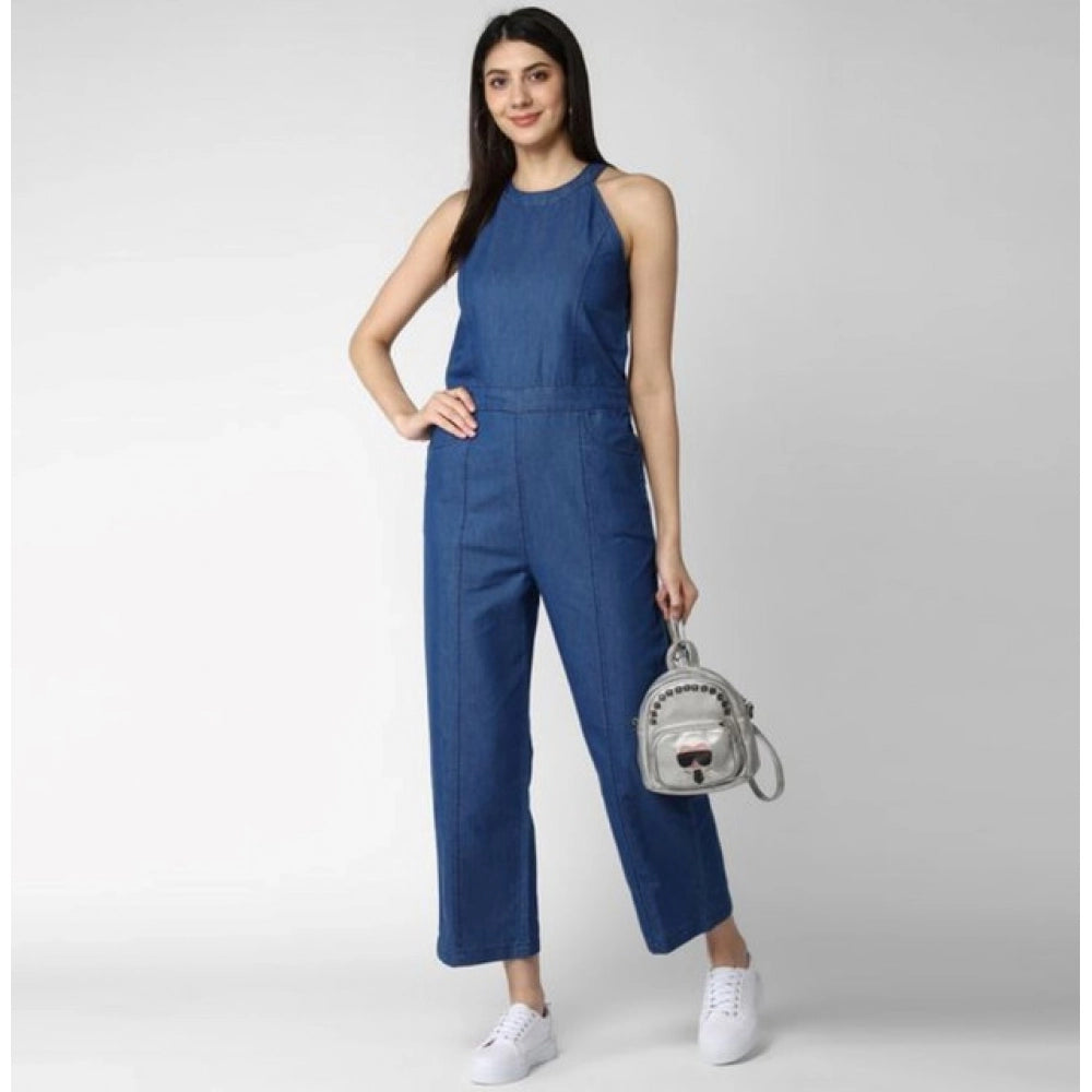 Women's Denim Solid Sleeveless Jumpsuit (Blue)