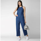 Women's Denim Solid Sleeveless Jumpsuit (Blue)