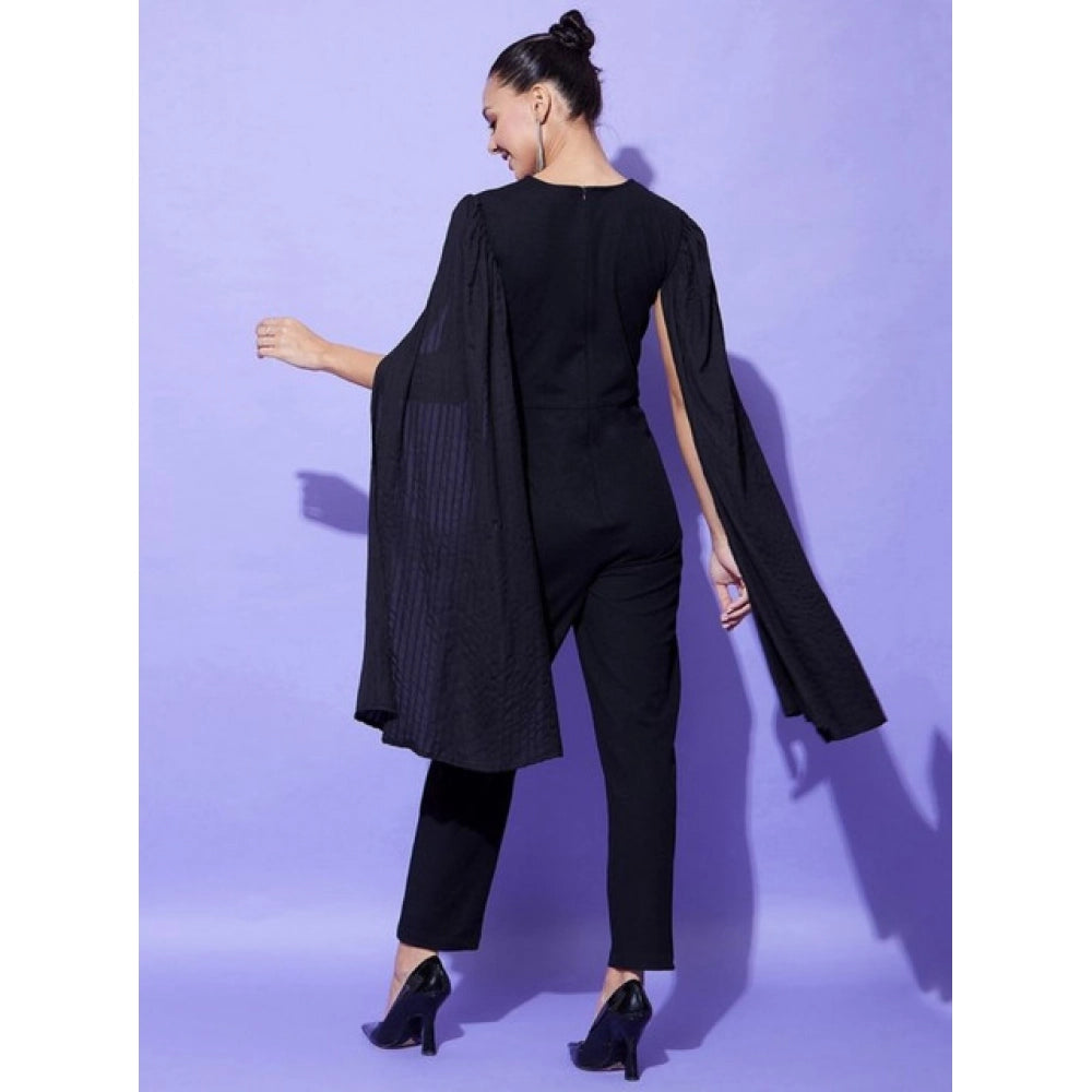 Women's Polyeter Solid Cape Sleeve Jumpsuit (Black)