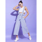 Women's Cotton Pinafore Shoulder Straps Jumpsuit (Light Blue)