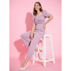 Women's Polyester Lycra Solid Puff Sleeve Jumpsuit (Lavender)