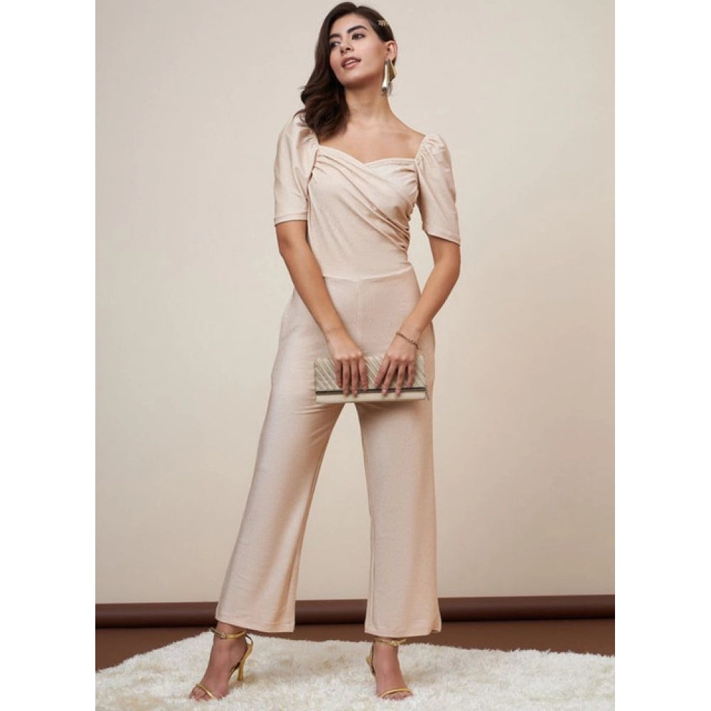 Women's Polyester Shimmer Self Design Short Sleeve Jumpsuit (Gold)