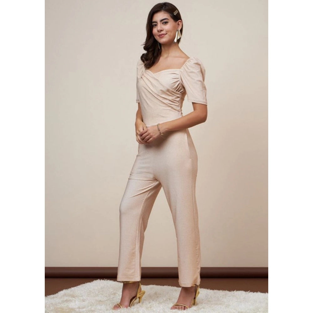 Women's Polyester Shimmer Self Design Short Sleeve Jumpsuit (Gold)