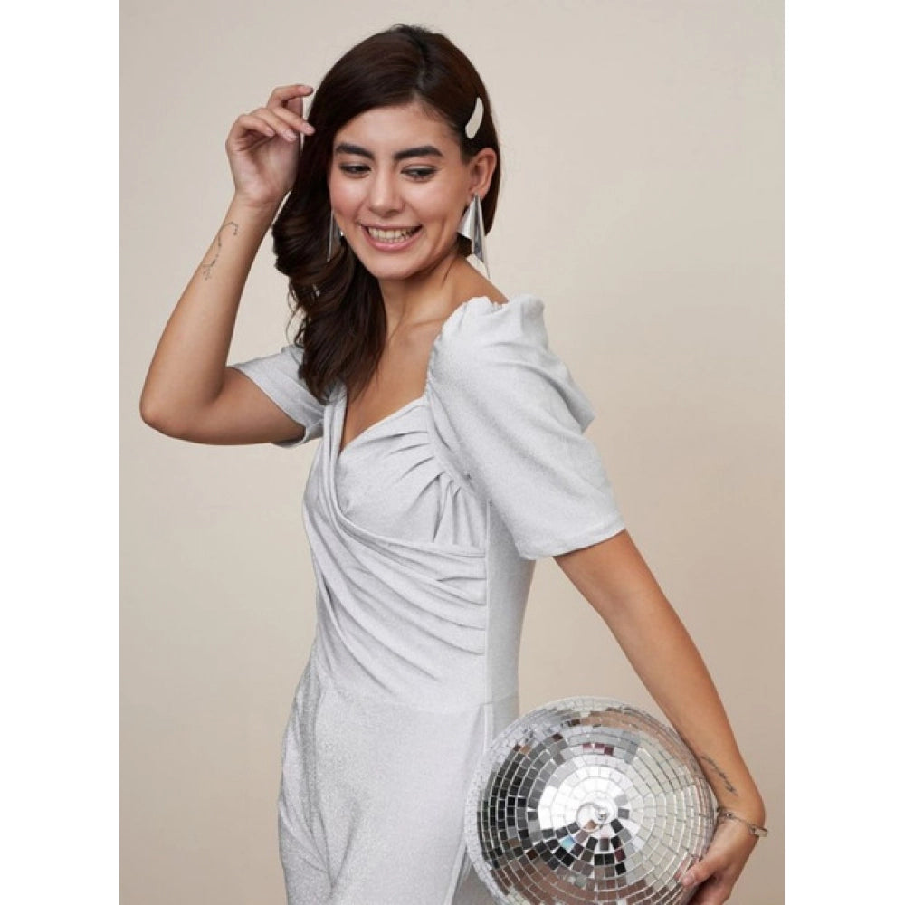 Women's Polyester Shimmer Self Design Short Sleeve Jumpsuit (Silver)