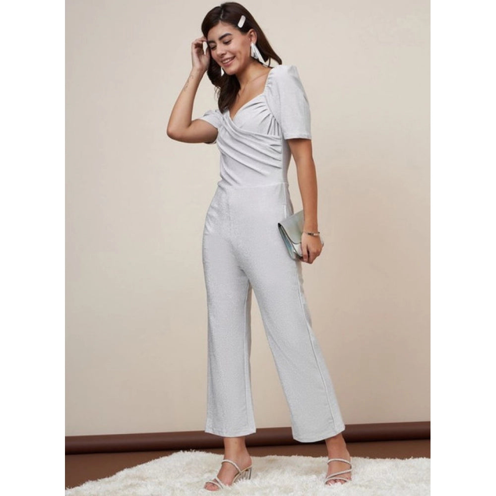 Women's Polyester Shimmer Self Design Short Sleeve Jumpsuit (Silver)