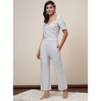 Women's Polyester Shimmer Self Design Short Sleeve Jumpsuit (Silver)