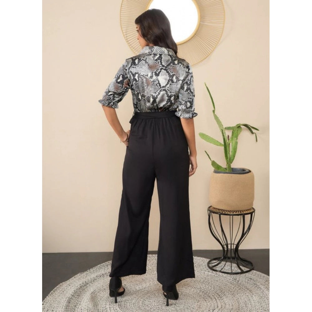 Women's Satin And Polyester Floral Half Sleeves Jumpsuit (Grey - Black)
