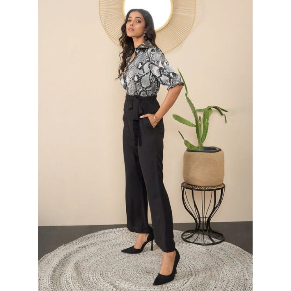 Women's Satin And Polyester Floral Half Sleeves Jumpsuit (Grey - Black)