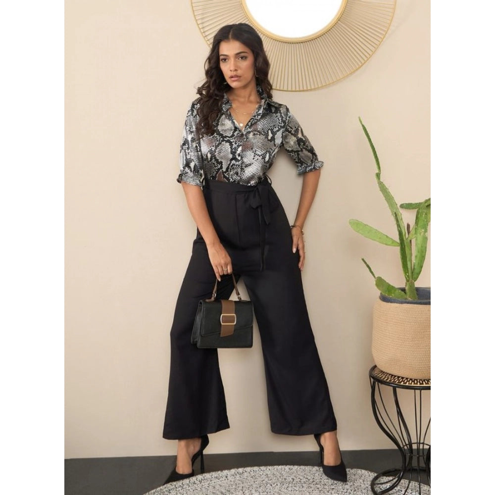 Women's Satin And Polyester Floral Half Sleeves Jumpsuit (Grey - Black)