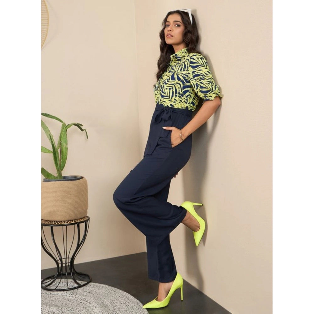 Women's Polyester Floral Half Sleeves Jumpsuit (Navy - Yellow)