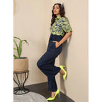 Women's Polyester Floral Half Sleeves Jumpsuit (Navy - Yellow)
