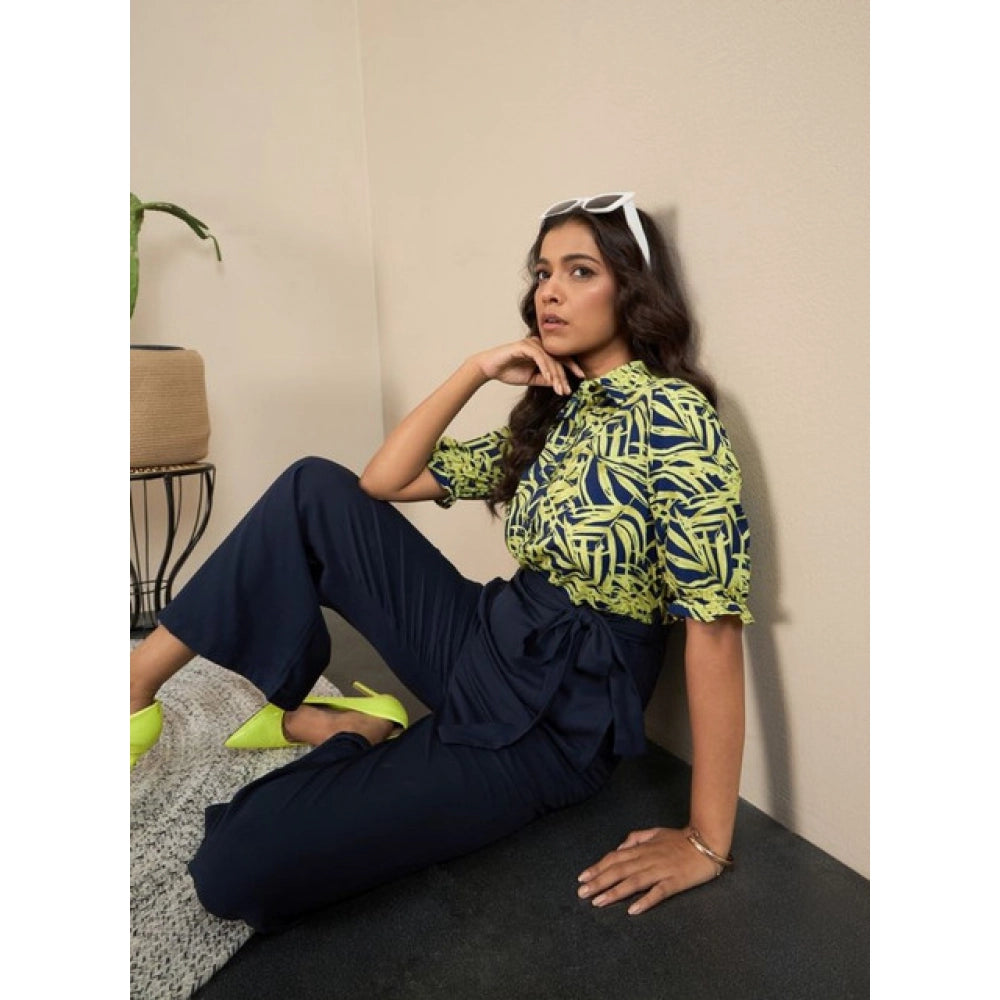 Women's Polyester Floral Half Sleeves Jumpsuit (Navy - Yellow)