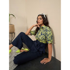 Women's Polyester Floral Half Sleeves Jumpsuit (Navy - Yellow)