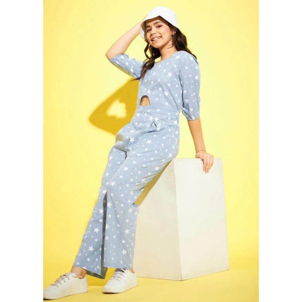 Girl's Cotton Printed 3-4th Sleeve Jumpsuit (Blue - White)