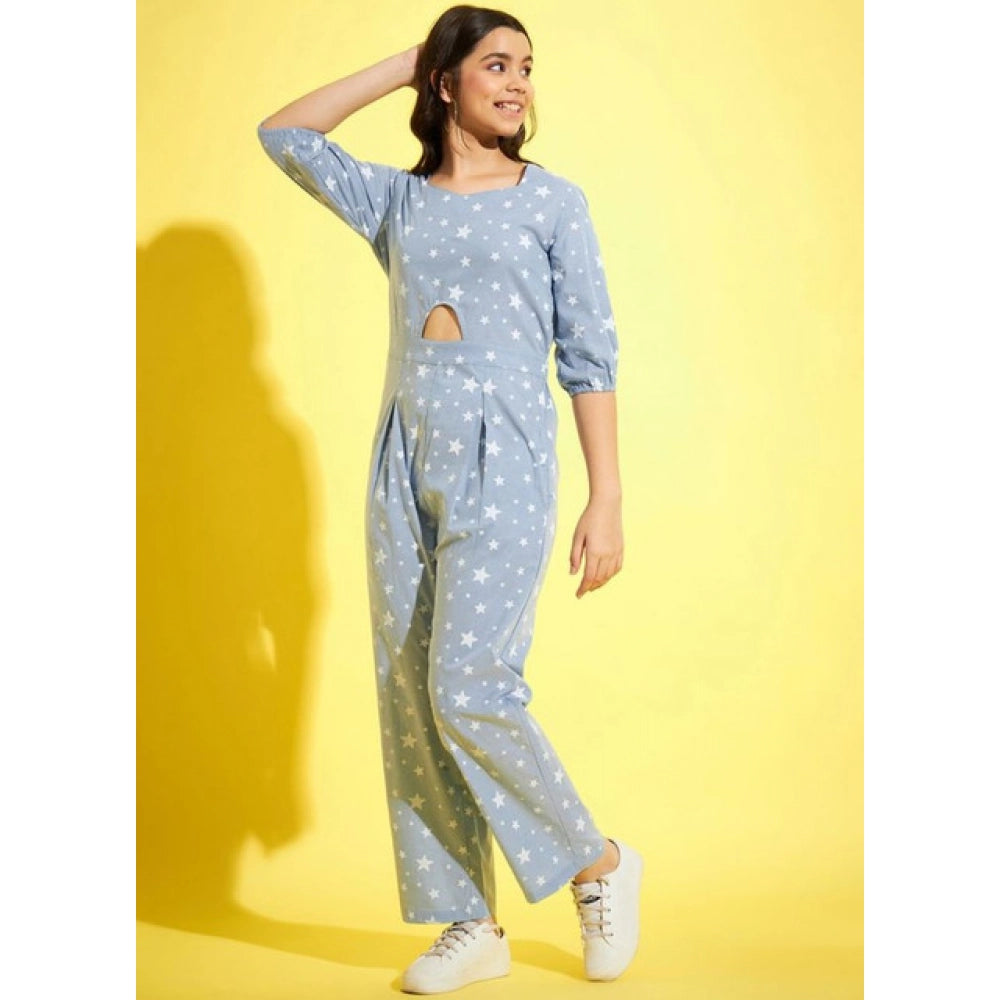 Girl's Cotton Printed 3-4th Sleeve Jumpsuit (Blue - White)