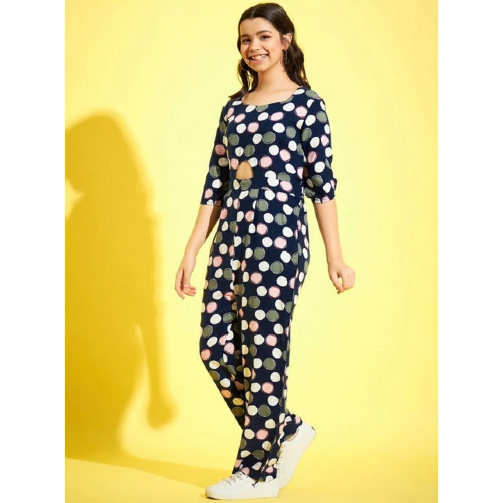 Girl's Cotton Polka 3-4th Sleeve Jumpsuit (Multicolor)