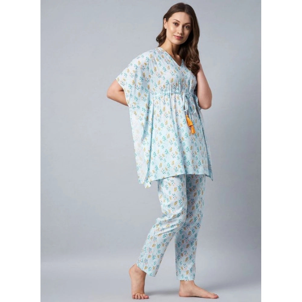 Women's Rayon Floral Kaftan Sleeve Kaftan Sets (Light Blue)