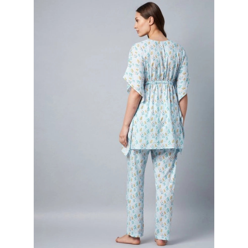 Women's Rayon Floral Kaftan Sleeve Kaftan Sets (Light Blue)