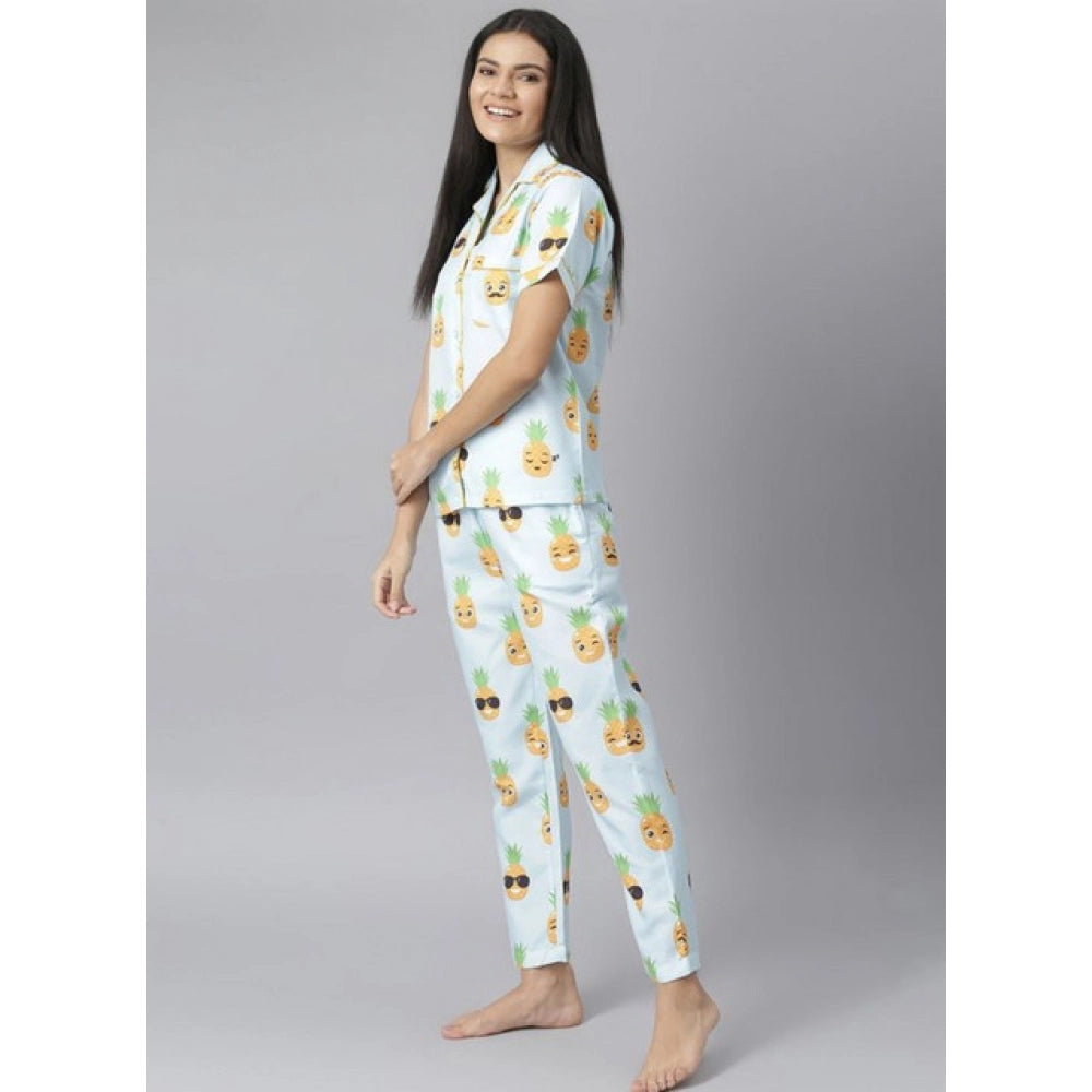 Women's Cotton Blend Printed Short Sleeve Night Suit (Blue-Yellow)