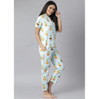 Women's Cotton Blend Printed Short Sleeve Night Suit (Blue-Yellow)
