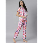 Women's Cotton Blend Printed Short Sleeve Night Suit (Pink)