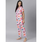Women's Cotton Blend Printed Short Sleeve Night Suit (Pink)