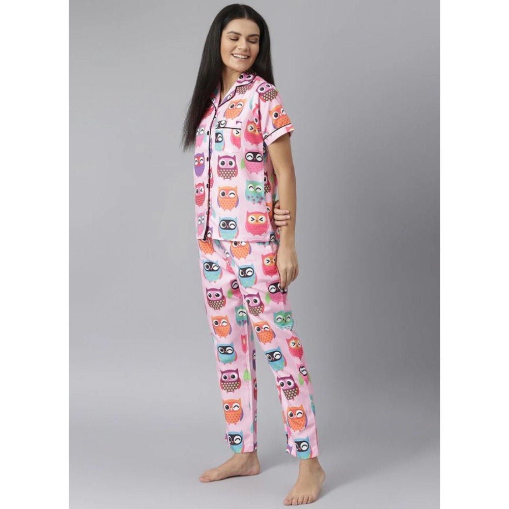 Women's Cotton Blend Printed Short Sleeve Night Suit (Pink)