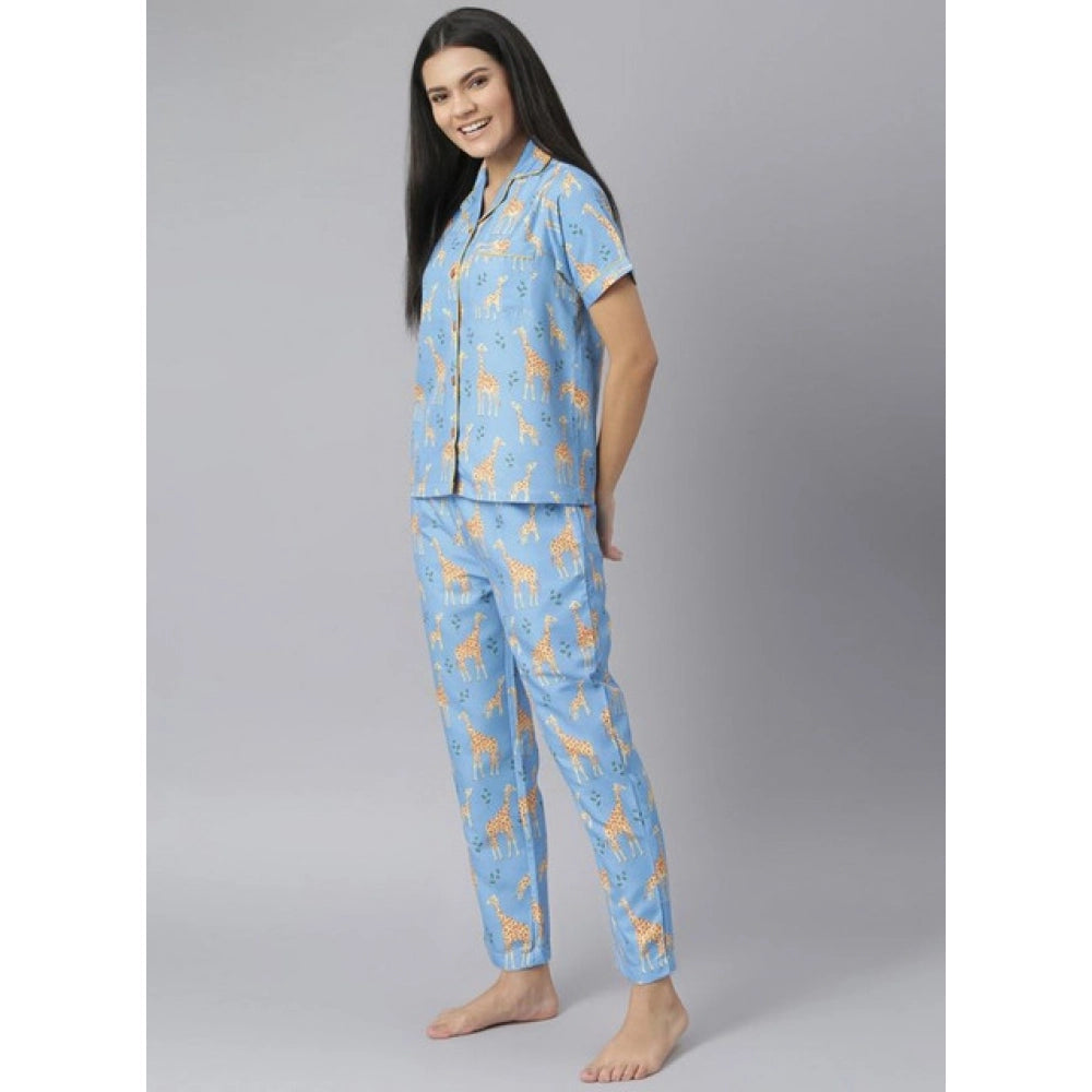 Women's Cotton Blend Printed Short Sleeve Night Suit (Blue)