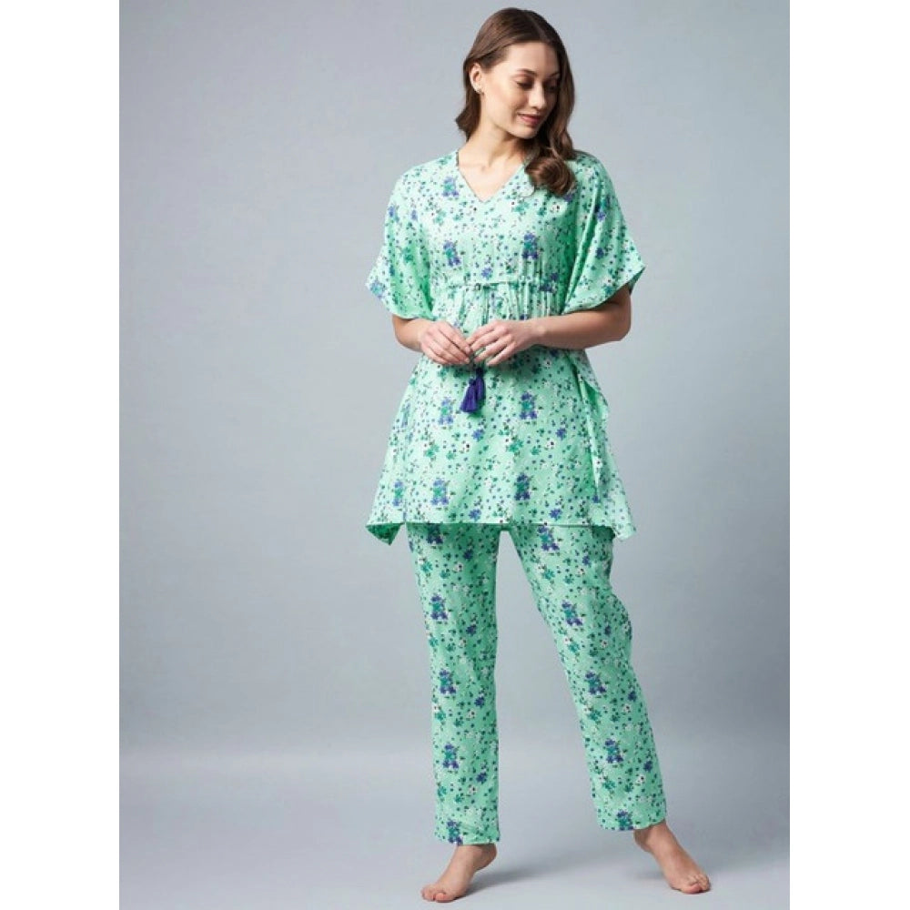 Women's Rayon Floral Kaftan Sleeve Night Suit (Green - Blue)