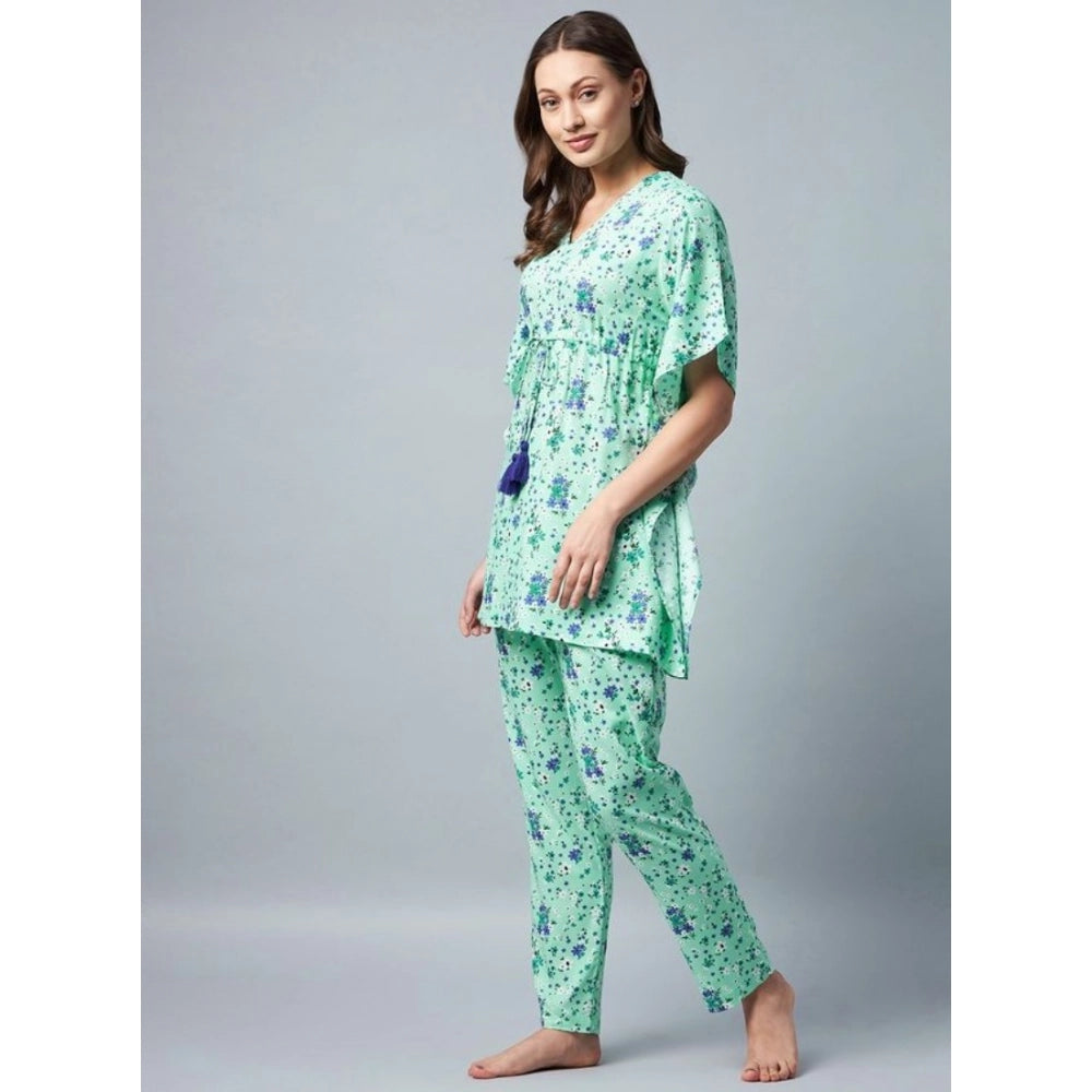 Women's Rayon Floral Kaftan Sleeve Night Suit (Green - Blue)