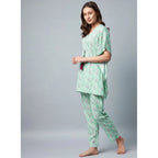 Women's Rayon Floral Kaftan Sleeve Night Suit (Green - Pink)