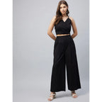 Women's Cotton Linen Solid Sleeveless Crop Top and Palazzo Set (Black)