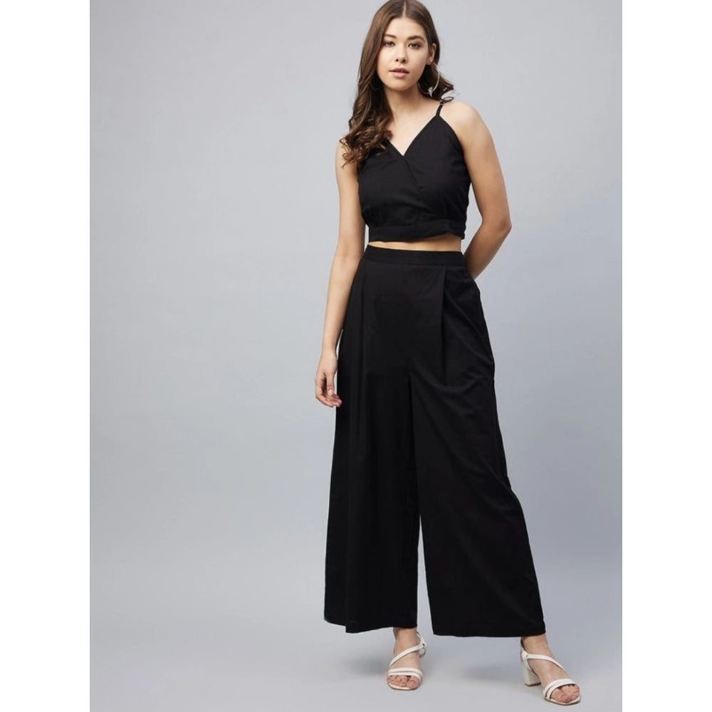 Women's Cotton Linen Solid Sleeveless Crop Top and Palazzo Set (Black)