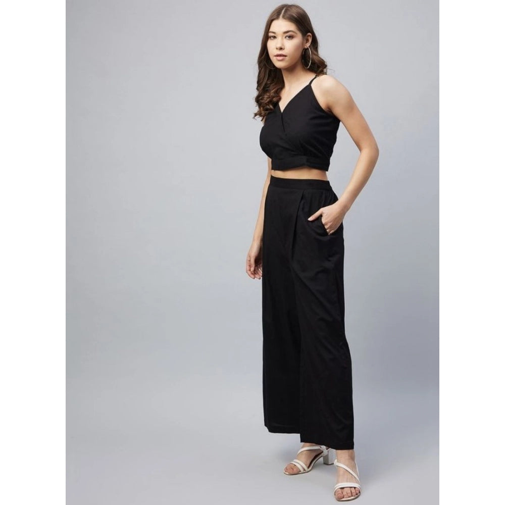 Women's Cotton Linen Solid Sleeveless Crop Top and Palazzo Set (Black)