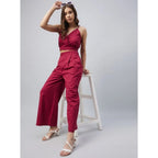 Women's Cotton Linen Solid Sleeveless Crop Top and Palazzo Set (Maroon)