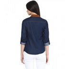 Women's Denim Cotton based Solid Long Sleeves Shirt (Blue)
