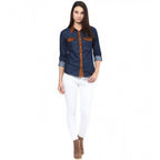 Women's Denim Cotton based Solid Long Sleeves Shirt (Blue)
